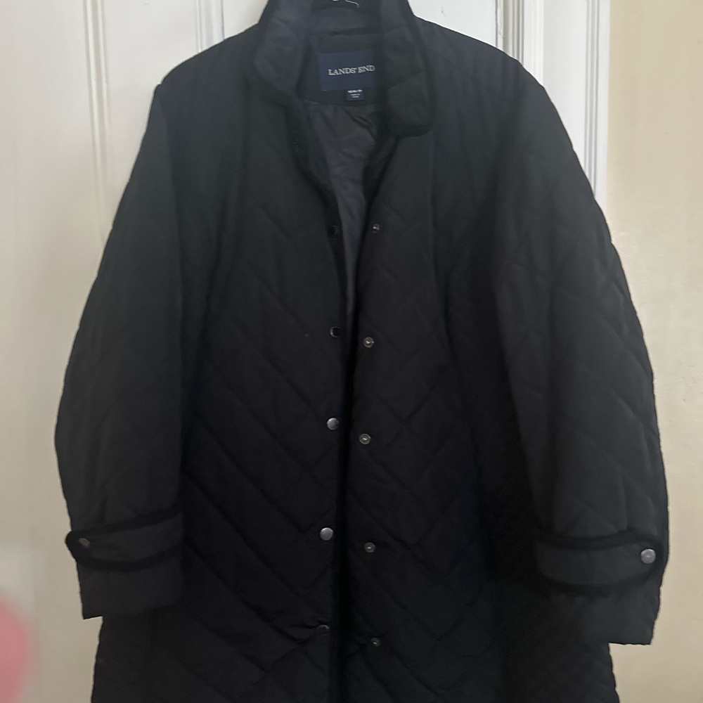 Lands' End Black Women’s Quilted Knee Length Barn Coat with Velvet Trim.